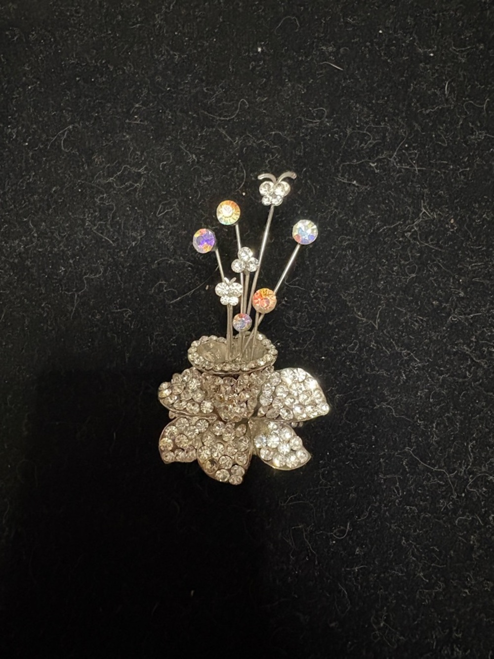 Crystal Flower Brooch Ring - Silver Tone Sparkle